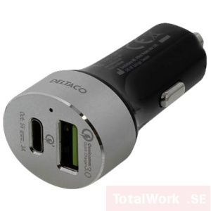 DELTACO billaddare med USB-C och Qualcomm Quick Charge